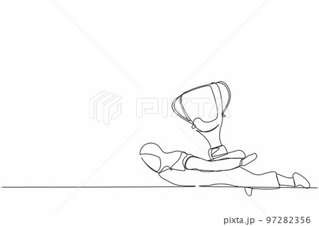Continuous one line drawing Arabian businesswoman under heavy trophy burden. Office worker failed to win competition or business goals achievement. Single line draw design vector graphic illustration 97282356
