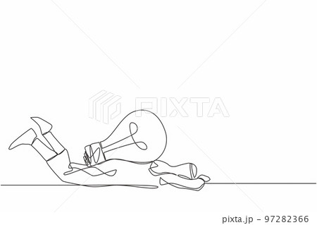 Single continuous line drawing Arab businessman under heavy light bulb burden. Uninspired or no idea after business failure, burnout or exhausted from crisis. One line draw design vector illustration 97282366