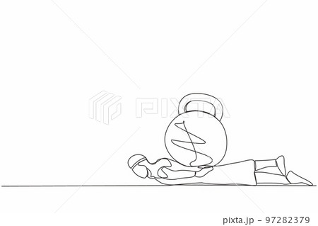 Single continuous line drawing Arab businessman under heavy kettlebell burden. Financial crisis and credit payment. Business, mental stress, bankruptcy, debt. One line draw design vector illustration 97282379
