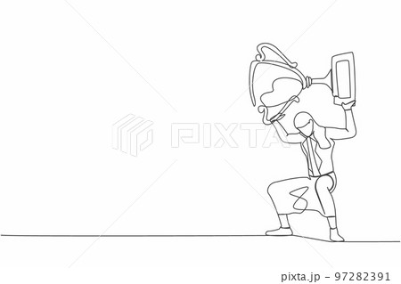 Single continuous line drawing frustrated businesswoman carrying trophy on her back. Female worker failed achieve goals. Delayed career path at office. One line draw graphic design vector illustration Single continuous line drawing frustrated businesswoman carrying trophy on her back. Female worker failed achieve goals. Delayed career path at office. One line draw graphic design vector illustration 97282391