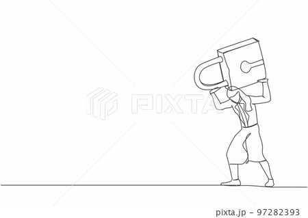 Single one line drawing frustrated businesswoman carrying padlock on her back. Business closing down or bankruptcy in Covid-19 pandemic lockdown crisis. Continuous line draw design vector illustration 97282393