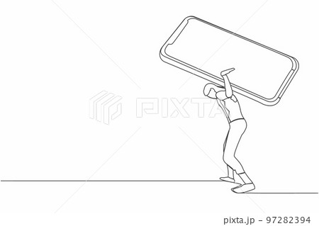 Single continuous line drawing of frustrated businesswoman carrying smartphone on her back. Depression, fatigue, mental stress due to overworked at office. One line graphic design vector illustration 97282394
