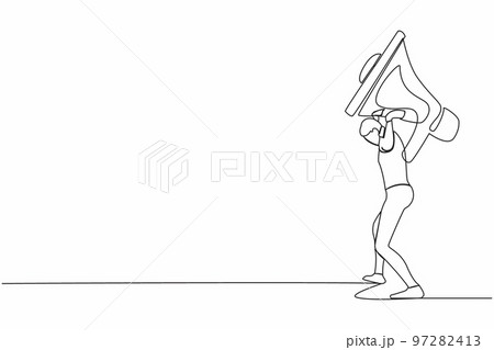 Continuous one line drawing exhausted businessman carrying heavy megaphone on his back. Troubles in communication. Bullying, harassment at work, families. Single line draw design vector illustration 97282413