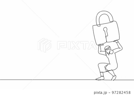 Single one line drawing Arab businessman carrying heavy padlock on his back. Unemployment or debt problem or bankruptcy concept, depressed dying worker. Continuous line draw design vector illustration Single one line drawing Arab businessman carrying heavy padlock on his back. Unemployment or debt problem or bankruptcy concept, depressed dying worker. Continuous line draw design vector illustration 97282458