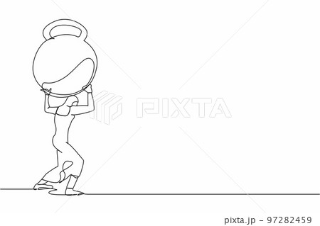 Continuous one line drawing Arab businesswoman carrying heavy kettlebell on her back. Financial crisis or credit payment. Business bankruptcy, debt problem. Single line draw design vector illustration Continuous one line drawing Arab businesswoman carrying heavy kettlebell on her back. Financial crisis or credit payment. Business bankruptcy, debt problem. Single line draw design vector illustration 97282459