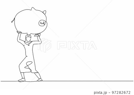 Single one line drawing Arab businesswoman carrying heavy piggy bank on her back. Broke or financial problem due to pandemic. Searching money in crisis. Continuous line draw design vector illustration 97282672
