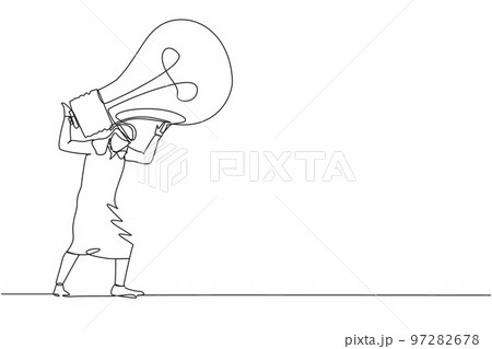 Single one line drawing Arab businessman carrying heavy light bulb on his back. Losing idea or vision after business failure. Exhausted from crisis. Continuous line graphic design vector illustration Single one line drawing Arab businessman carrying heavy light bulb on his back. Losing idea or vision after business failure. Exhausted from crisis. Continuous line graphic design vector illustration 97282678