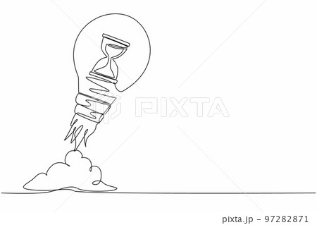 Single continuous line drawing hourglass launching with light bulb. The best time for a startup. Business deadline. Metaphor of space exploration. Dynamic one line graphic design vector illustration 97282871