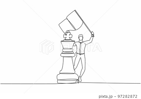 Single one line drawing businessman waving flag on king chess piece metaphor of win competition. Success strategy and goal achievement. Modern continuous line draw design graphic vector illustration 97282872