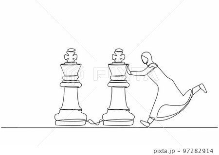 Continuous one line drawing active Arab businesswoman push huge king chess piece to beat another king. Business strategy, marketing plan, winning game play. Single line draw design vector illustration 97282914