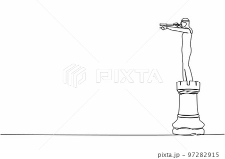 Single one line drawing Arab businessman on top of rook chess piece pointing and using telescope looking for success, opportunities. Success business plan. Continuous line design vector illustration 97282915