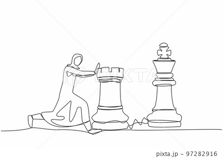 Single one line drawing Arabian businesswoman push huge rook chess piece to beat king. Business strategy to winning market competition. Strategic move. Continuous line draw design vector illustration 97282916