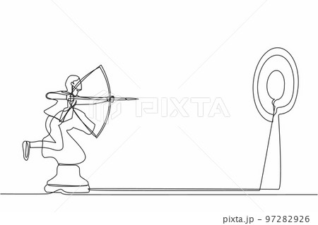 Continuous one line drawing precise businesswoman holding archery and aiming target while riding horse chess piece. Strategic move for winning competition. Single line draw design vector illustration Continuous one line drawing precise businesswoman holding archery and aiming target while riding horse chess piece. Strategic move for winning competition. Single line draw design vector illustration 97282926