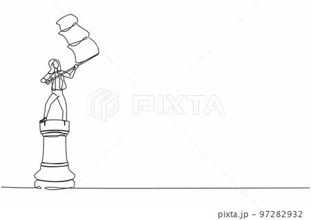 Single one line drawing businesswoman standing on top of big rook chess piece and waving a flag. Successful leadership. Celebration winning competition. Continuous line draw design vector illustration Single one line drawing businesswoman standing on top of big rook chess piece and waving a flag. Successful leadership. Celebration winning competition. Continuous line draw design vector illustration 97282932
