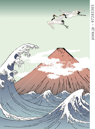 富士山と波と鶴 97283365