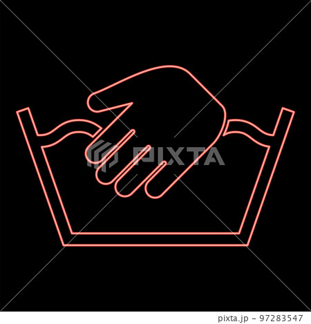 Neon only manual wash Clothes care symbols Washing concept Laundry sign red color vector illustration image flat style 97283547