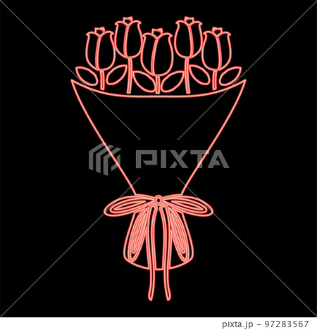 Neon bouquet of flowers Bouquet of roses Present concept Bouquet of rose flower red color vector illustration image flat style 97283567
