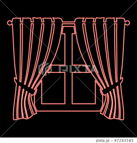 Neon curtains and window Interior concept Home window view decoration Waving curtains on window red color vector illustration image flat style 97283585