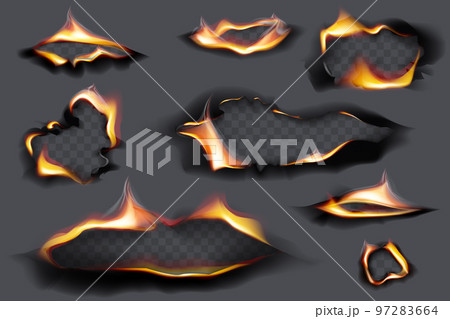 Burning holes, fire flames. Realistic burnt paper. Burned paper realistic fire flame isolated page sheet torn ash vector illustration Burning holes, fire flames. Realistic burnt paper. Burned paper realistic fire flame isolated page sheet torn ash vector illustration 97283664