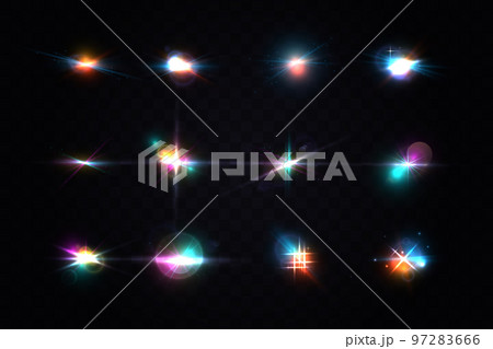 Sparkling stars, flickering and flashing lights. Lens flares creative multicolor template. Lighting effects of flash. Realistic light glare, highlight Sparkling stars, flickering and flashing lights. Lens flares creative multicolor template. Lighting effects of flash. Realistic light glare, highlight 97283666