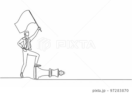 Single continuous line drawing businesswoman waving flag and overcoming other corporation piece. Defeat competitor in business as winning chess game. One line draw graphic design vector illustration Single continuous line drawing businesswoman waving flag and overcoming other corporation piece. Defeat competitor in business as winning chess game. One line draw graphic design vector illustration 97283870