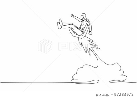 Continuous one line drawing businesswoman riding office chair rocket flying in the sky. Motivation to succeed concept. Start new career opportunity. Single line draw design vector graphic illustration 97283975