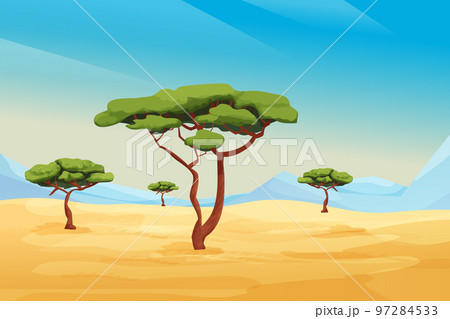 Africa Savannah landscape, safari with grass, trees, mountains, summer hot scene, wild nature in cartoon style. 97284533