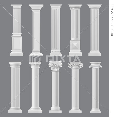 Marble antique columns and pillars. Roman or greek temple or palace building, classical architecture element, museum monument isolated vector pedestal, historical building facade realistic columns set 97284611