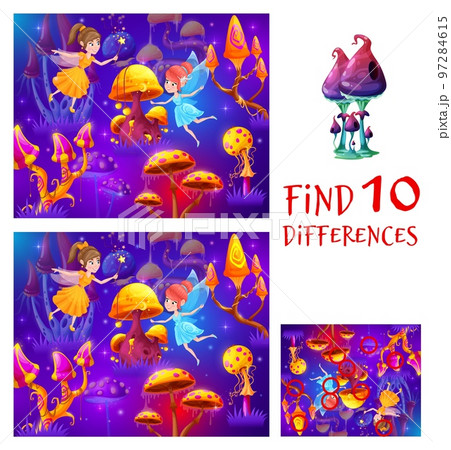 Fairy and magic luminous mushrooms in forest, find ten differences, vector game worksheet. Kids education riddle or puzzle to find and match difference in pictures with tale fairy pixies in mushrooms Fairy and magic luminous mushrooms in forest, find ten differences, vector game worksheet. Kids education riddle or puzzle to find and match difference in pictures with tale fairy pixies in mushrooms 97284615