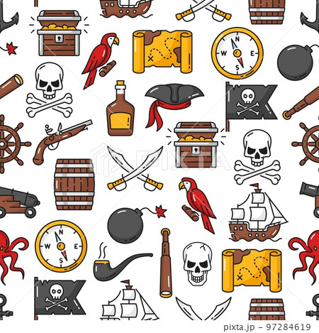 Caribbean pirates and corsairs seamless pattern background. Vector treasure chest pirates pattern with rum barrel, skull on Jolly Roger flag and filibuster ship with cannon and pirate tricorne hat Caribbean pirates and corsairs seamless pattern background. Vector treasure chest pirates pattern with rum barrel, skull on Jolly Roger flag and filibuster ship with cannon and pirate tricorne hat 97284619