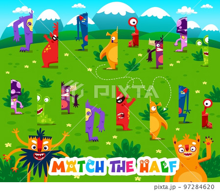 Match the half of cartoon monster characters. Vector game worksheet with cute funny aliens on green summer field. Find the correct pieces of colorful fluffy and toothy spooky personages Match the half of cartoon monster characters. Vector game worksheet with cute funny aliens on green summer field. Find the correct pieces of colorful fluffy and toothy spooky personages 97284620