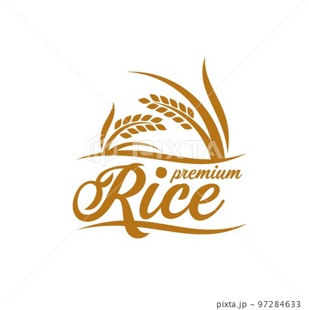 Rice icon. Organic food and farm market sign, natural nutrition products shop vector emblem or symbol. Farming and agriculture company simple icon with graphic rice cereal ears 97284633