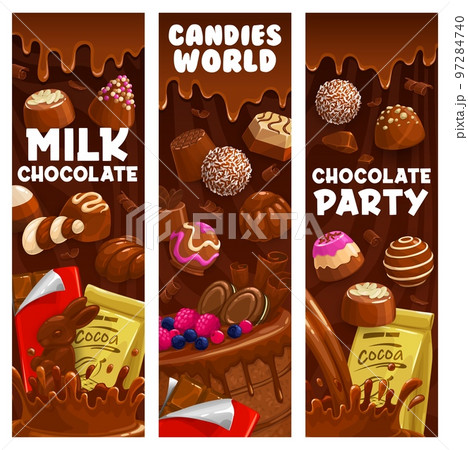 Milk chocolate, praline and fudge candy. Souffle, truffle and jelly, hazelnut bonbons. Vertical banners, vertical vector backgrounds or with chocolate candy, cake and bar, cocoa sweet desserts 97284740
