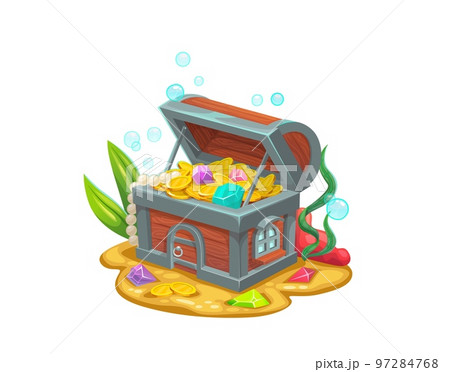 Underwater treasure chest house building. Vector creative fantasy dwelling, cartoon mermaid or fairy home inside of trunk with golden coins, gemstones and jewelry on ocean floor with sand and seaweeds Underwater treasure chest house building. Vector creative fantasy dwelling, cartoon mermaid or fairy home inside of trunk with golden coins, gemstones and jewelry on ocean floor with sand and seaweeds 97284768