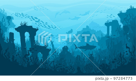 Underwater landscape, ancient city columns and temples, shark, manta and fish, vector sea background. Ocean deep water or undersea world with drowned Atlantis city ruins and coral reef silhouette Underwater landscape, ancient city columns and temples, shark, manta and fish, vector sea background. Ocean deep water or undersea world with drowned Atlantis city ruins and coral reef silhouette 97284773