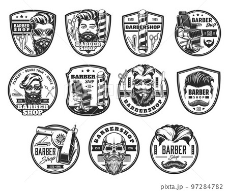 Barbershop icons, barber shop or vintage hair and beard man salon vector signs. Barbershop symbols with razor blade, skull and scissors, man haircut with beard and mustaches, rate stars and ribbons Barbershop icons, barber shop or vintage hair and beard man salon vector signs. Barbershop symbols with razor blade, skull and scissors, man haircut with beard and mustaches, rate stars and ribbons 97284782