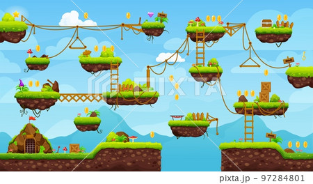 2d arcade game level map interface. Platform, stairs, coins, bonus and quest icons. Vector landscape with floating ground islands with grass, ropes and ladders in sky with clouds, adventure background 97284801