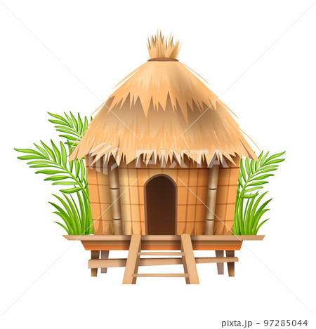 Bungalow hut, straw village African thatched nipa house, vector bamboo beach tent building roof. Bungalow hut, straw village African thatched nipa house, vector bamboo beach tent building roof. 97285044