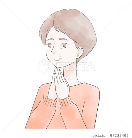 両手を合わせて笑うシニア女性のイラスト（水彩風） 97285495