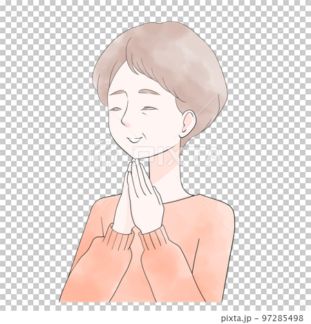 Illustration of a senior woman smiling with her hands together (anime painting) (watercolor style) 97285498