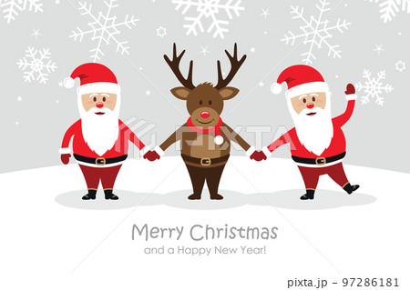 christmas greeting card with cute santa and deer on snowy background 97286181