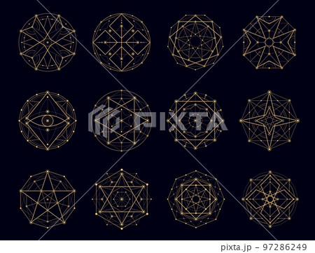 Sacred geometry esoteric, magic, alchemy symbols. Myth and meditation, pentagram and spiritual tattoo shapes. Illuminati occult, mystical or religion abstract geometric line vector golden signs set 97286249
