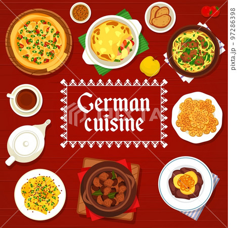 German cuisine menu cover. Onion bacon pie, vegetable sausage casserole and potato salad with mustard, pork pasta soup Eintopf, almond cookies and beef beer stew, black tea, liver with apple sauce 97286398