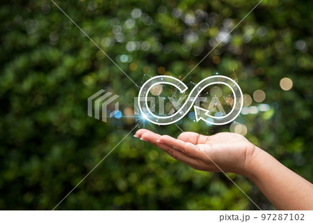 hand hold the circular economy icon.ecological economy concepts, global warming and greenhouse gas reduction with sustainable economy and future growth environment . 97287102