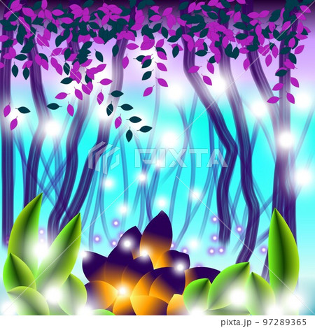 Floral illustration. Fantastic landscape, bright magical colors. Radiant image. Fictional reality. 97289365