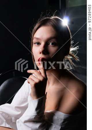 female model portrait quietly elegance beauty sign attractive posing studio makeup hairstyle female model portrait quietly elegance beauty sign attractive posing studio makeup hairstyle 97289403