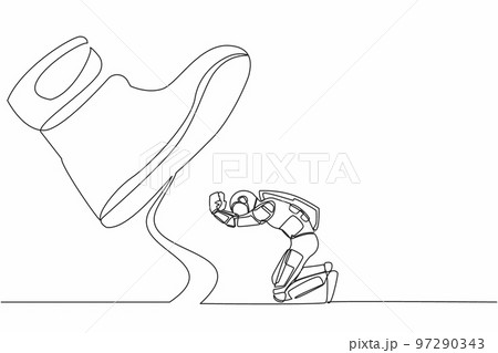 Single continuous line drawing young astronaut kneel down under giant feet. Concept for science authority, exploitation, dictator figure. Cosmonaut deep space. One line draw design vector illustration 97290343