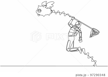 Continuous one line drawing young astronaut try to catching flying piggy bank with butterfly net. Money saving for spaceship investment. Cosmonaut outer space. Single line design vector illustration 97290348