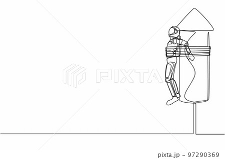 Single continuous line drawing young astronaut being tied to launching rocket, feeling anxious and scared. Future spaceship development. Cosmonaut deep space. One line draw design vector illustration 97290369