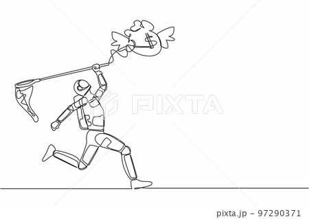 Single continuous line drawing of astronaut try to catch flying money bag with butterfly net. Achieving profit goal for spaceship development. Cosmonaut deep space. One line design vector illustration 97290371